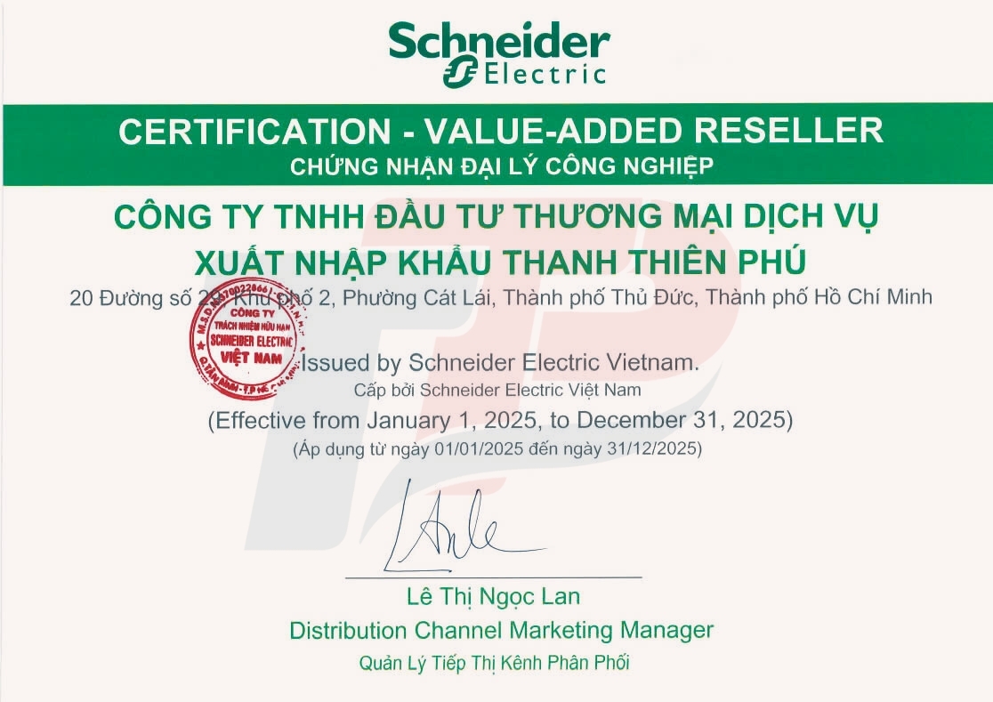 Giấy chứng nhận đại lý thiết bị điện Schneider - Thanh Thiên Phú