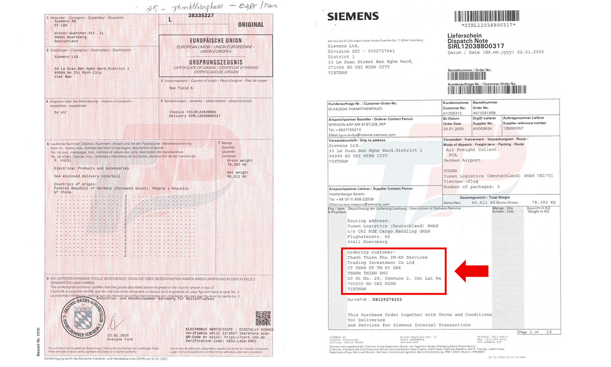 CO, CQ nhập khẩu chính hãng do Siemens cấp cho Thanh Thiên Phú