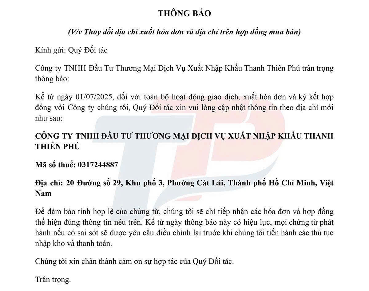 Thông báo thay đổi địa chỉ xuất hóa đơn và địa chỉ trên hợp đồng mua bán