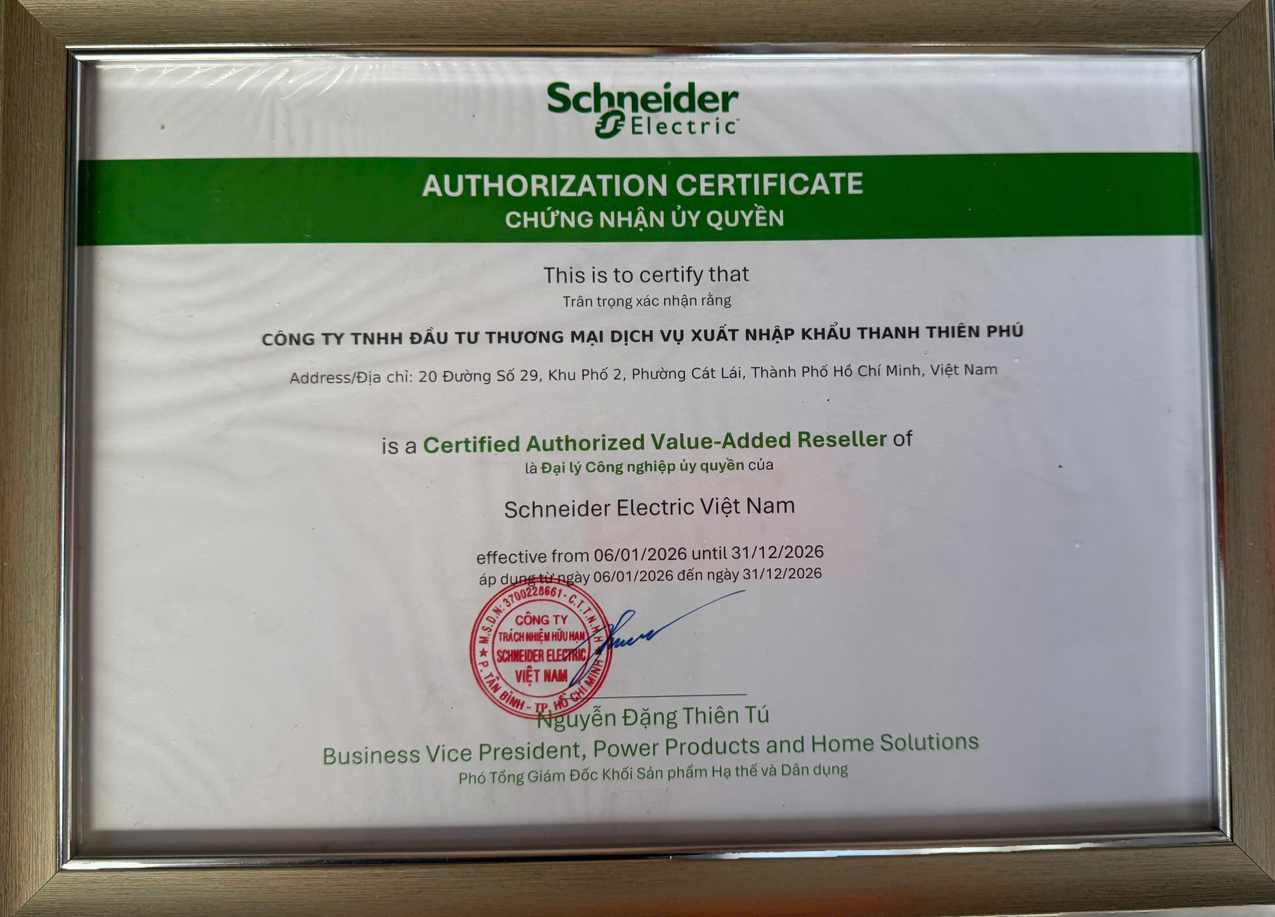 Giấy chứng nhận đại lý thiết bị điện Schneider năm 2026 Giấy chứng nhận đại lý thiết bị điện Schneider - Thanh Thiên Phú năm 2026