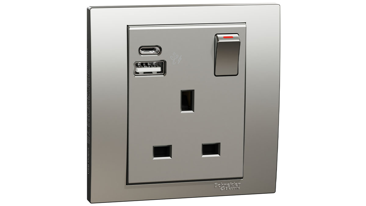 o-cam-vuong-schneider-kb15dacusb-as Ổ cắm vuông Schneider KB15DACUSB_AS (Avataron C, 1 ổ cắm điện 3 chấu, 1 công tắc, 21W type A+C, 13A, màu nhôm bạc)
